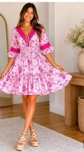 Betsey Johnson Pink Floral Lace Trim Smocked Mini Dress NWT Women's Medium