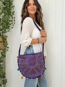 Boho Purple Embroidered Crossbody Messenger Bag with Mirror Work & Tassels