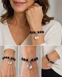Chico's Black Beaded Cut Glass Pendant Stretch Bracelet