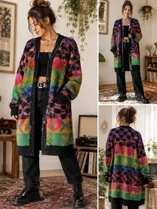 Colorful Patterned Open-Front Women's Cardigan Sweater - Pink & Green