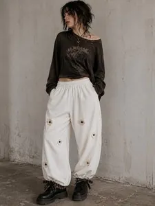 Cottagecore White Corduroy Balloon Pants with Daisy Appliqués & Gingham Tie...