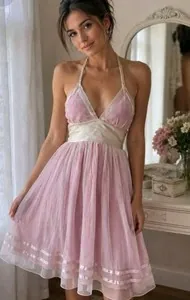 Deep Los Angeles Pink & Ivory Halter Tulle Dress | Open Back | Feminine Fairycor