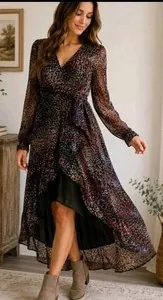 Express Medium High Low Midi Dress Long Sleeve Sheer Overlay Abstract Print