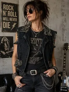 Flashback Couture Women’s XL Distressed Denim Vest Grunge Boho Western Lace