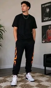 Forever 21 Men Flame Graphic Jogger Sweatpants Black Orange Size XL