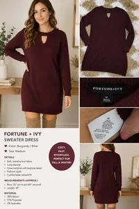 Fortune + Ivy Women's Sweater Dress – Size Medium – Burgundy – Long Sleeve Knit