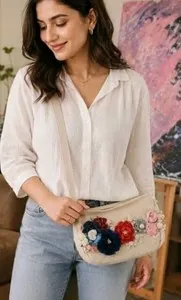 Handmade Floral Appliqué Baguette Shoulder Bag Cottagecore Coquette