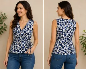 Hawthorn Women's Petite Medium Blue Floral Faux Wrap Sleeveless Top