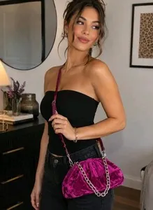 I.N.C. International Concepts Magenta Crushed Velvet Chain Crossbody Clutch Purs