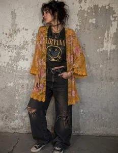 Jolie & Joy Women's Mustard Floral Lace Open Front Kimono Cardigan | Size Large
