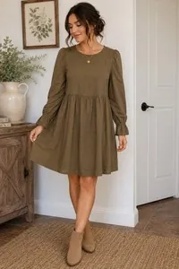 LACAUSA Olive Green Babydoll Dress Women's XS Long Sleeve Puff Sleeve Made in...