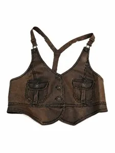 Last Kiss Brown Faux Leather Suspender Crop Vest Top XL