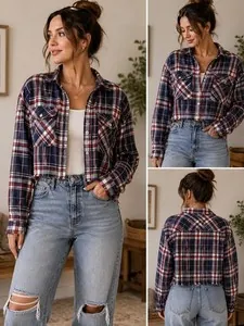 Lucky Brand Cropped Plaid Button-Down in Navy & Red