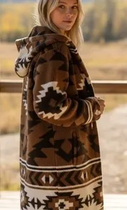 Lucky Brand Hooded Southwestern Aztec Open Front Cardigan Sweater Brown Large