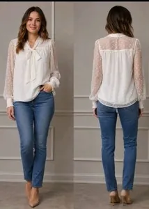 Maeve by Anthropologie Ivory Swiss Dot Tie-Neck Blouse