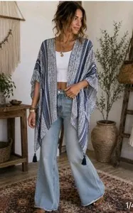 NEW Miss Me Blue Boho Dolman Tassel Cardigan Kimono Cover Up Size Medium