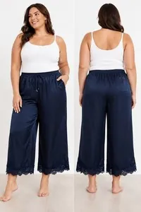 Skies Are Blue Black Satin Wide Leg Lace Hem Pants XL