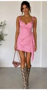 The Andamane Pink Satin Leopard Jacquard Mini Dress Tie Strap Party Dress