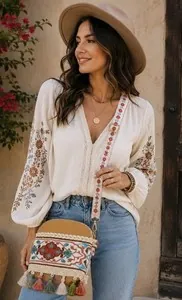 Vintage Style Boho Embroidered Tassel Crossbody Bag Floral Strap Artisan Purse