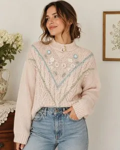 Vintage Sugar Co LTD Floral Cable Knit Sweater L Cottagecore Grannycore 80s 90s