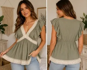 Weekend by Suzanne Betro Women's Lace Trim Flutter Sleeve Top – Sage Green – XL