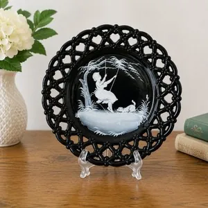 Westmoreland Mary Gregory Black Glass Hand-Painted Plate