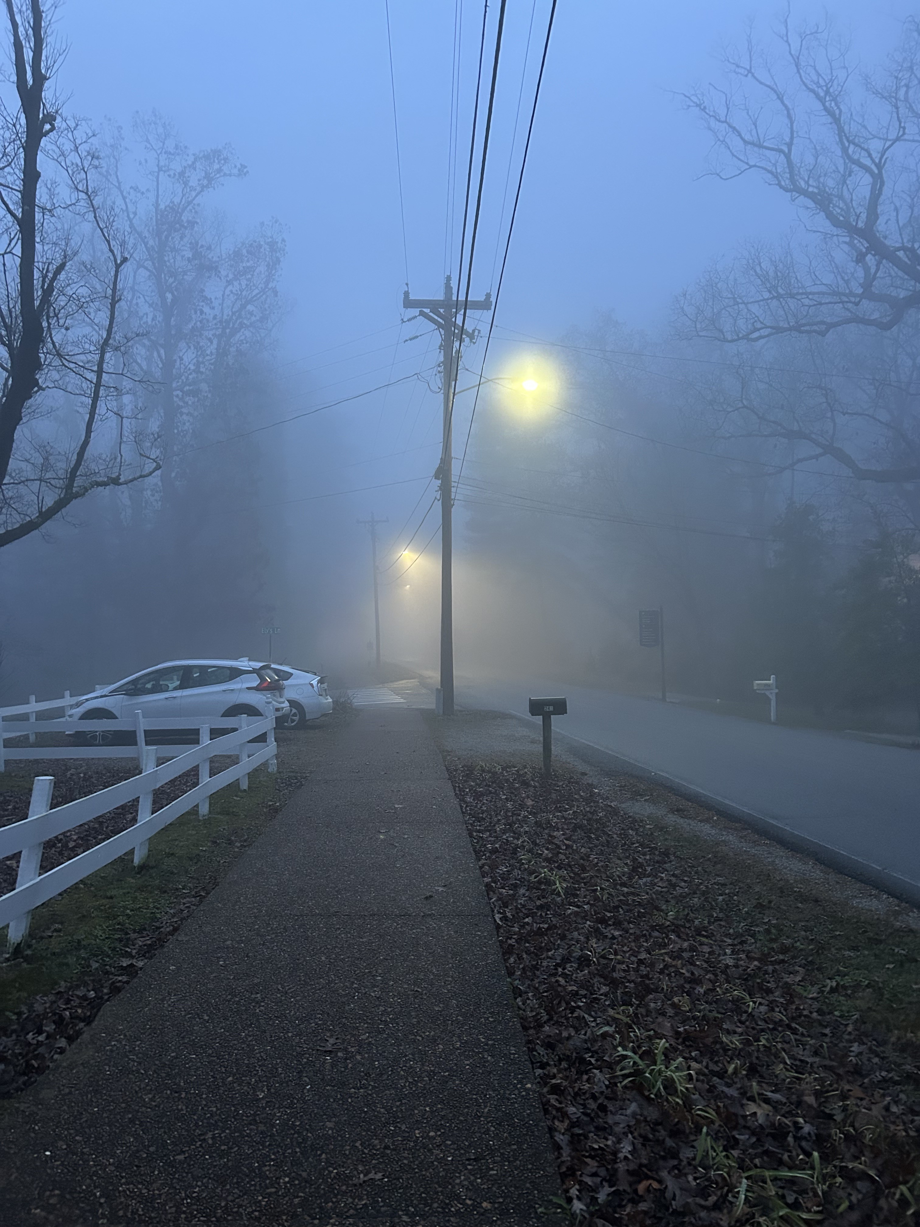 Foggy village street with streetlights in the early morning