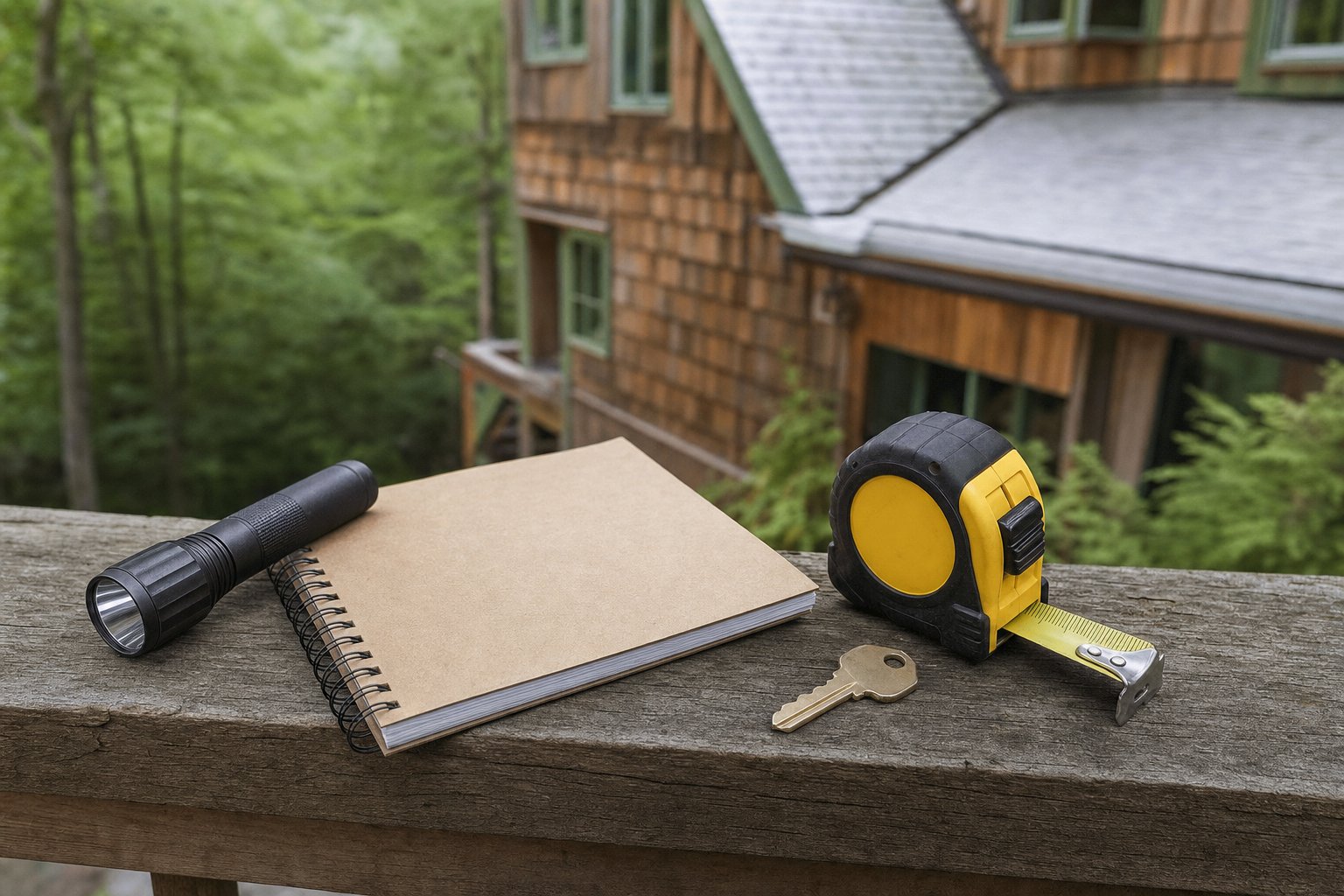 Home inspection notebook, flashlight, measuring tape, and key on a porch rail