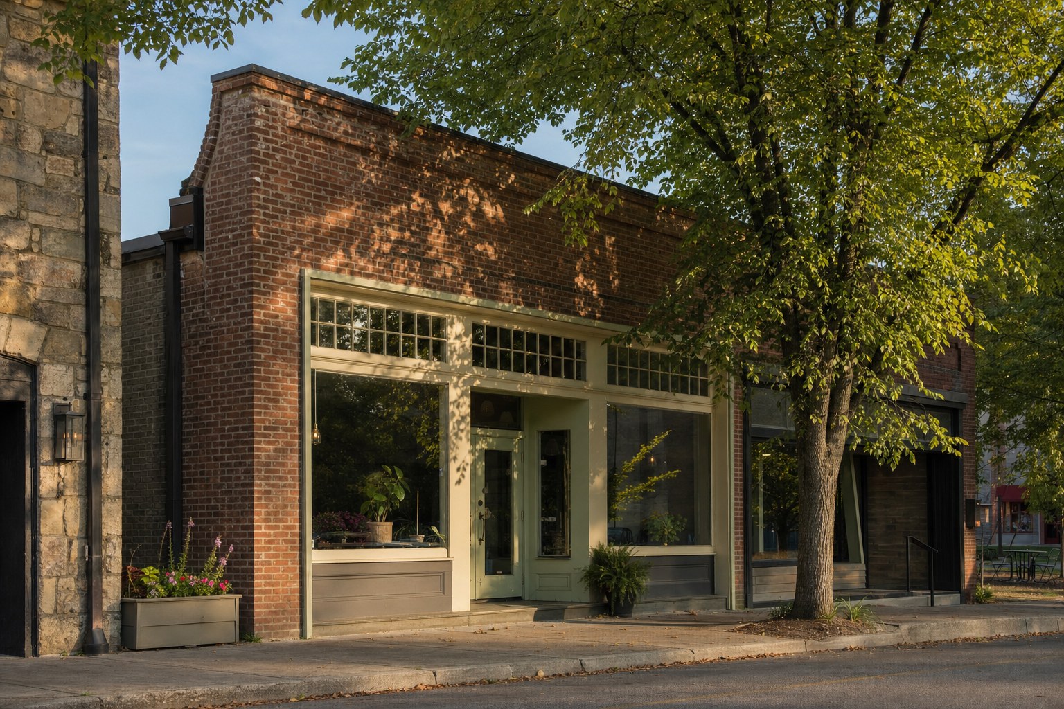 Small town commercial building with storefront windows