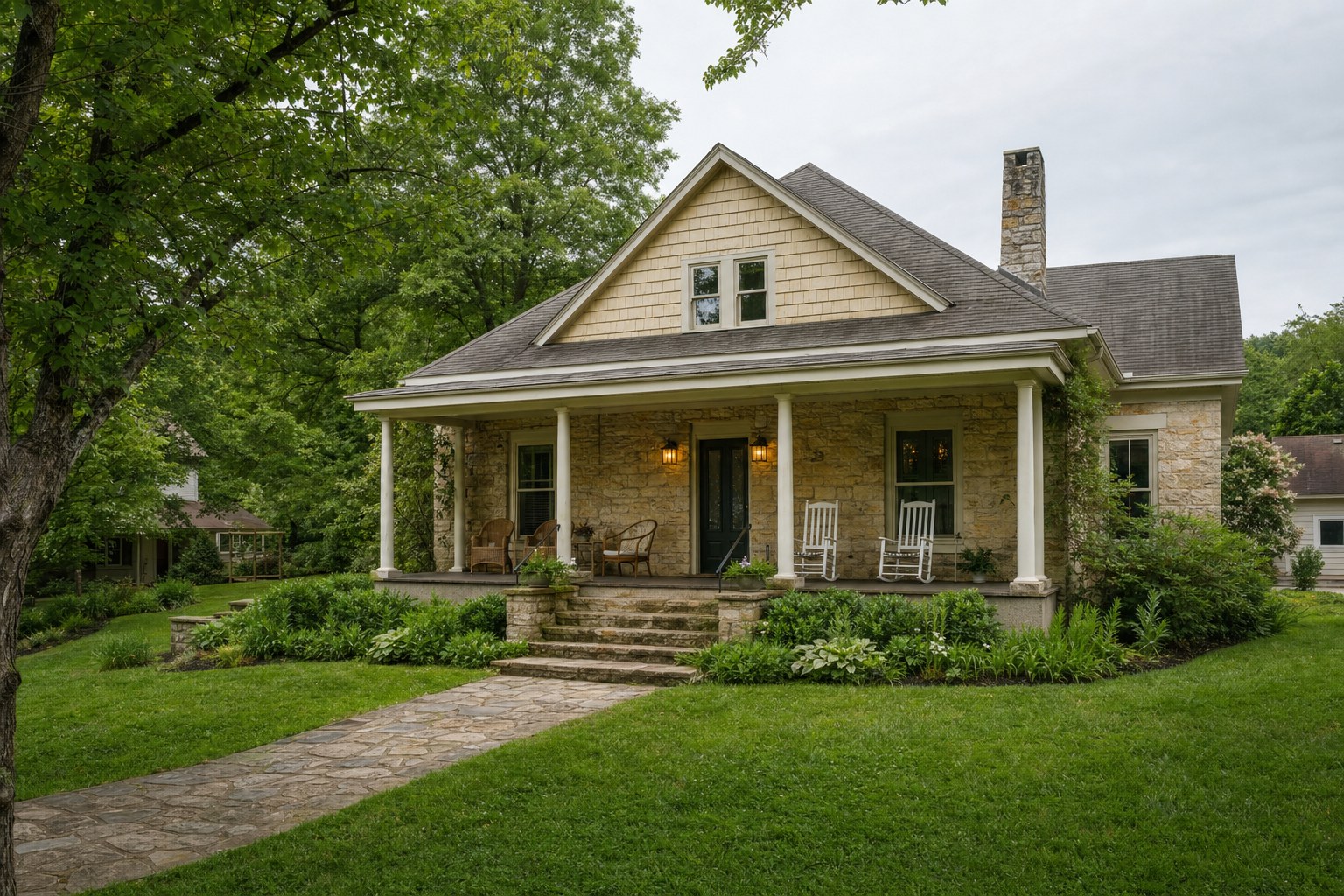 Cottage with a broad front porch in a wooded Tennessee setting