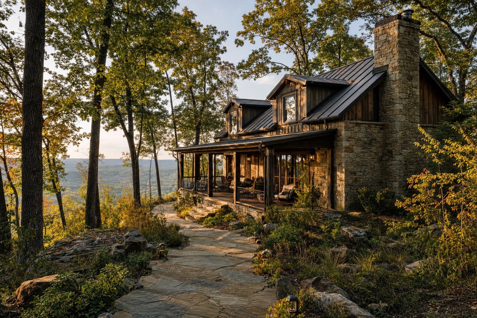 Stone and timber mountain home among mature trees