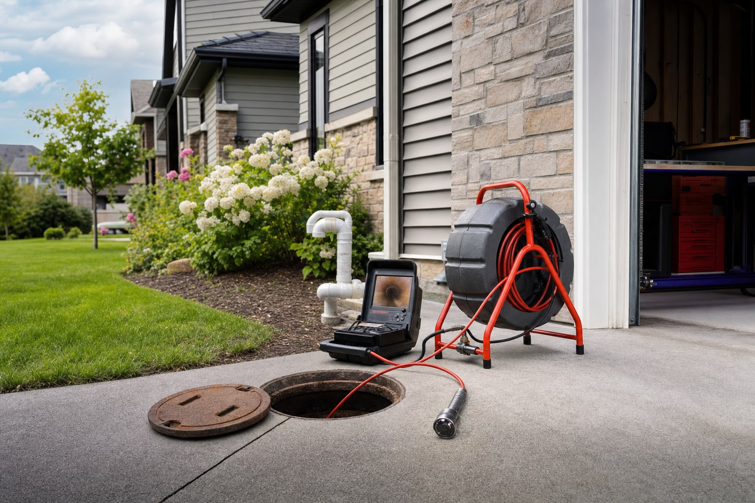 Sewer camera equipment set beside an exterior cleanout at a home
