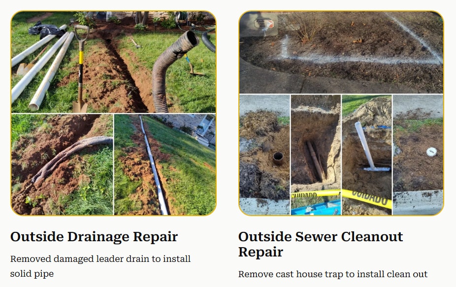 Exterior sewer cleanout repair completed beside a home