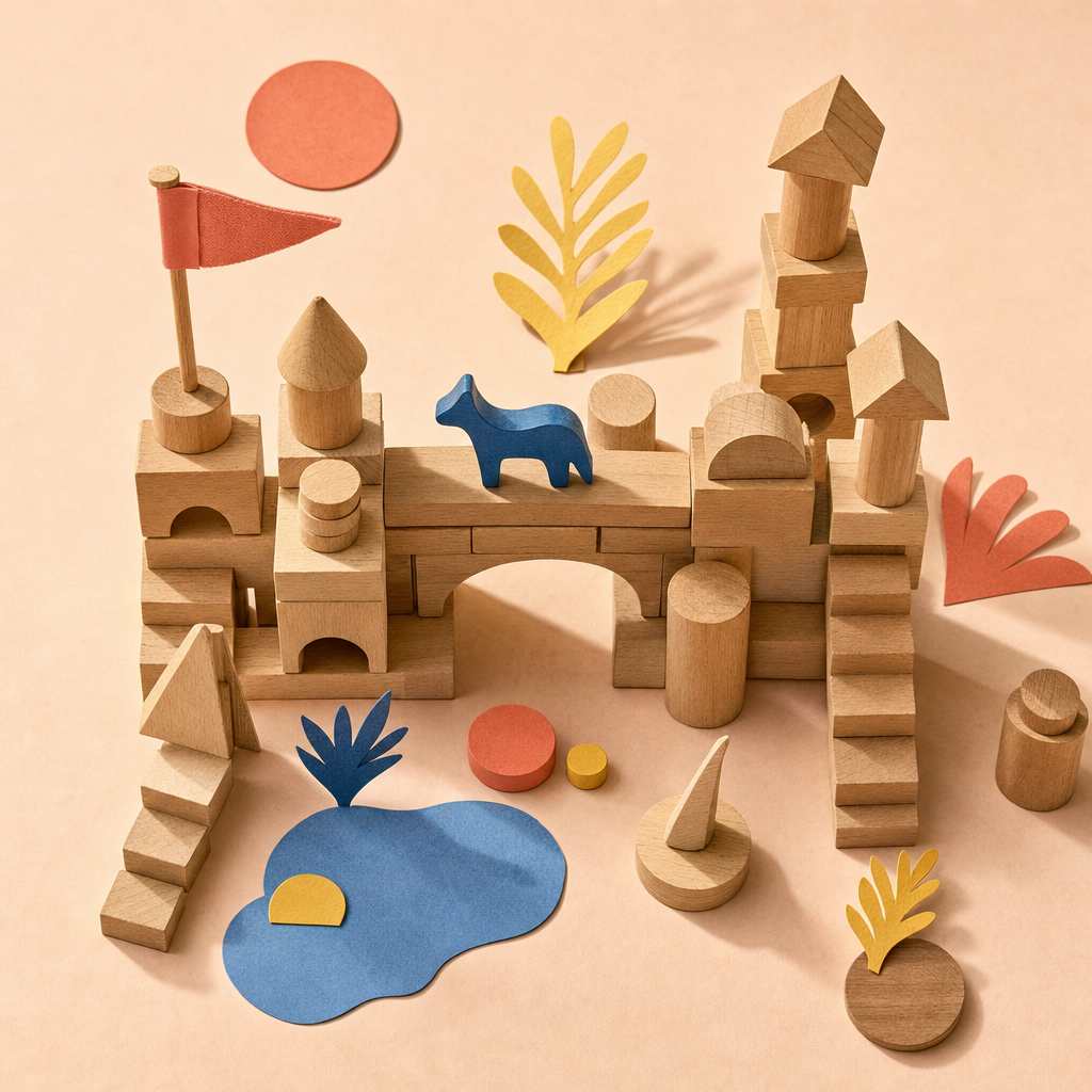 A tiny imaginary town built from simple wooden blocks