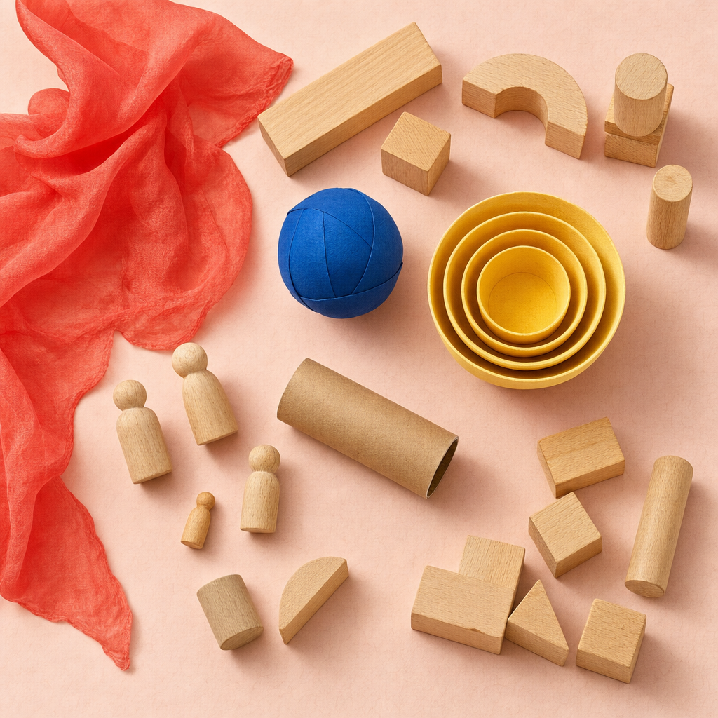 Wooden blocks, a scarf, nesting bowls and other simple play materials