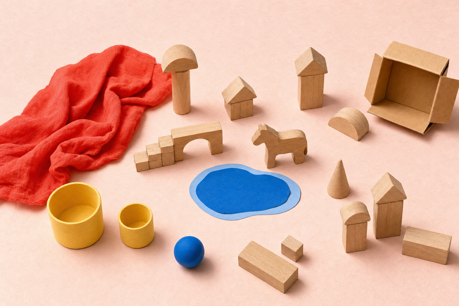 A playful arrangement of wooden blocks, a red scarf, yellow nesting cups and a blue ball