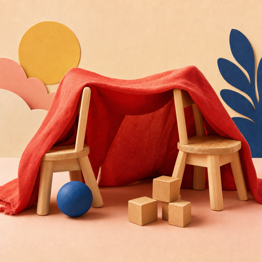 A red fabric den between two little wooden chairs