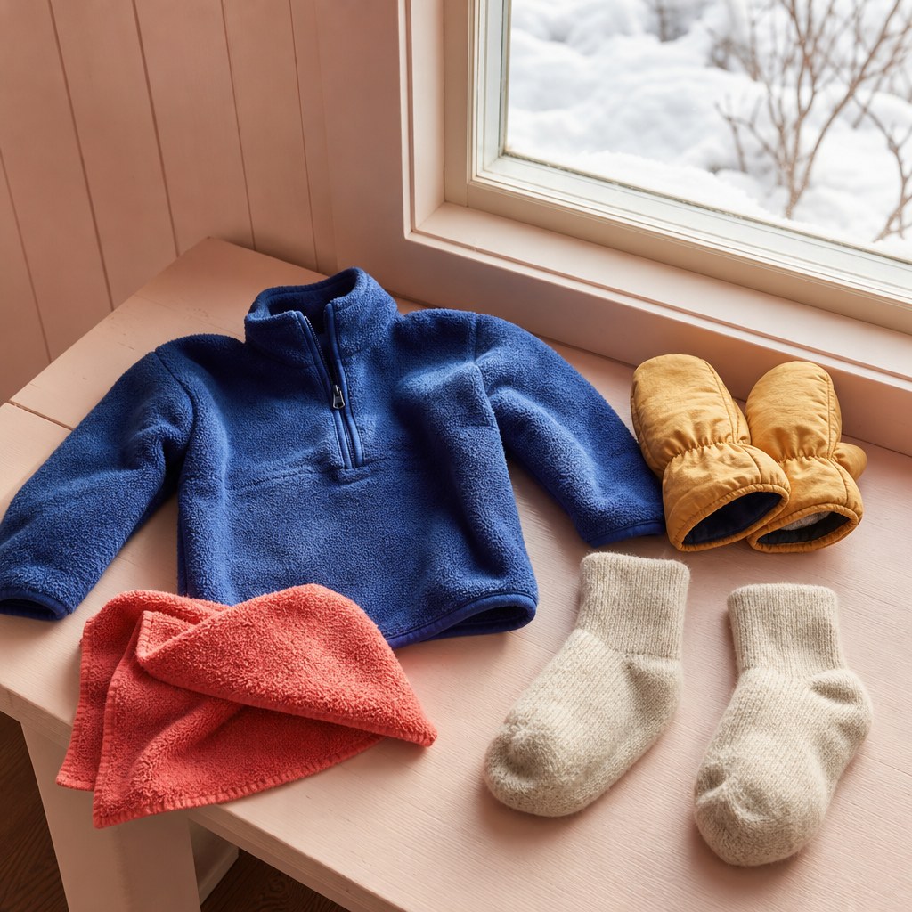 A fleece top, wool socks, mittens and towel resting by a winter window