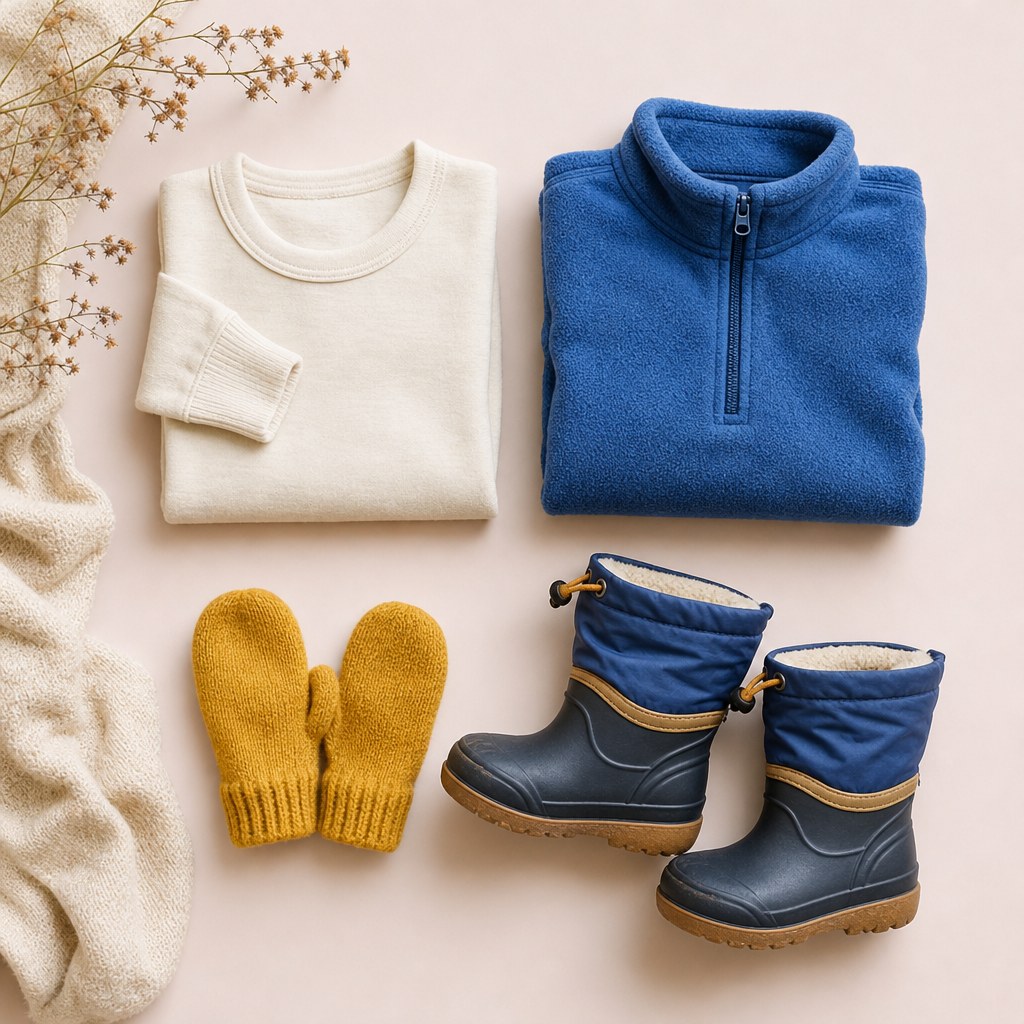 A cream wool layer and blue fleece pullover with mittens and boots for winter play