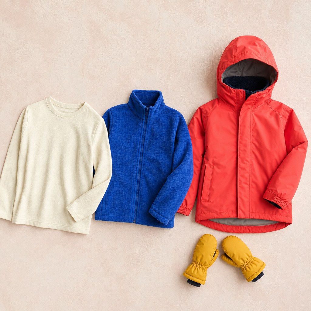 A child-sized wool layer, fleece jacket, waterproof shell and mittens arranged for cold weather
