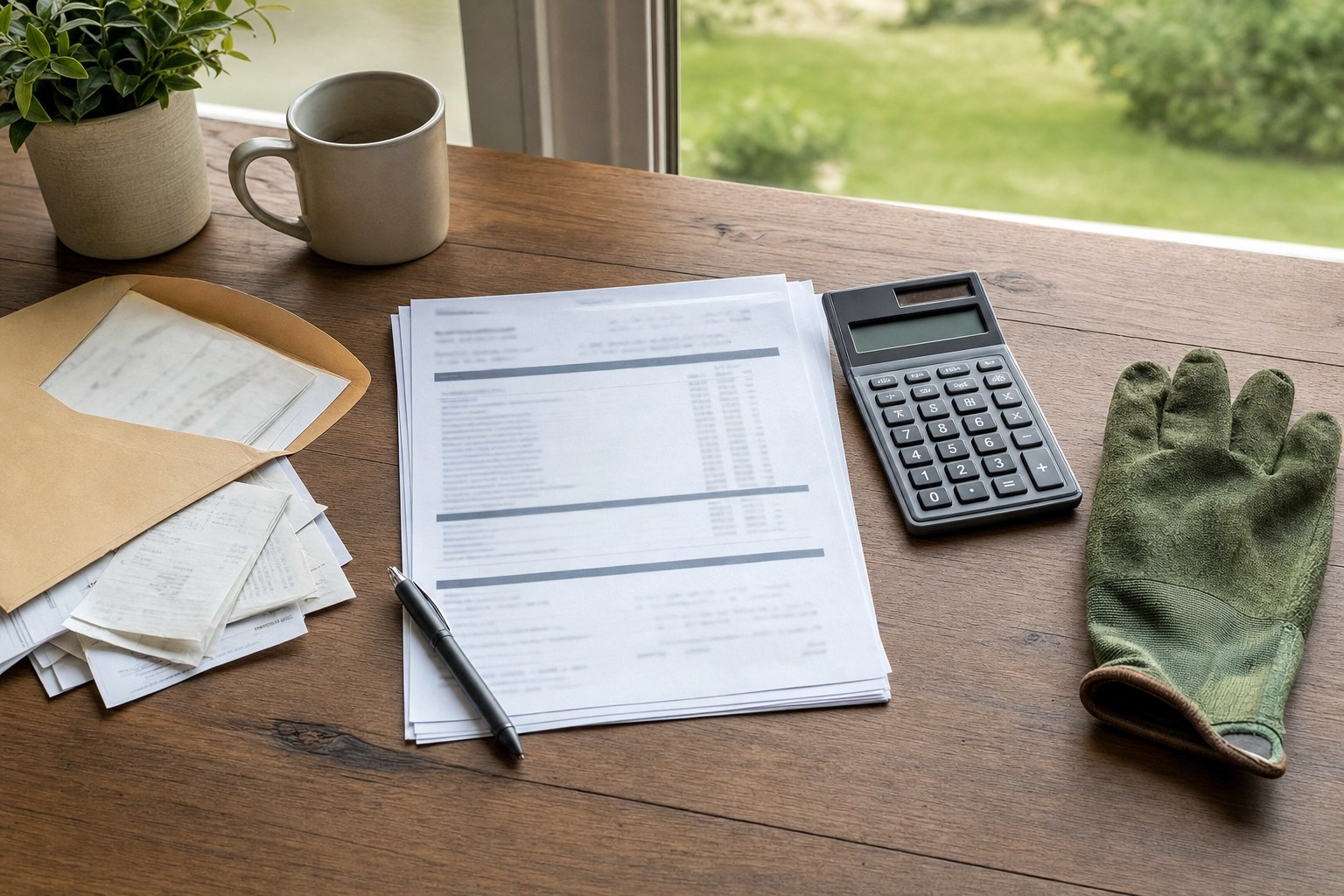 Bank records, calculator, receipt envelope, and lawn care work glove arranged for account reconciliation
