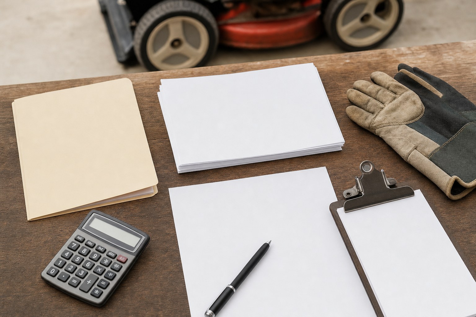 Lawn care equipment records, calculator, file folder, work gloves, and blank invoices organized on a workshop table