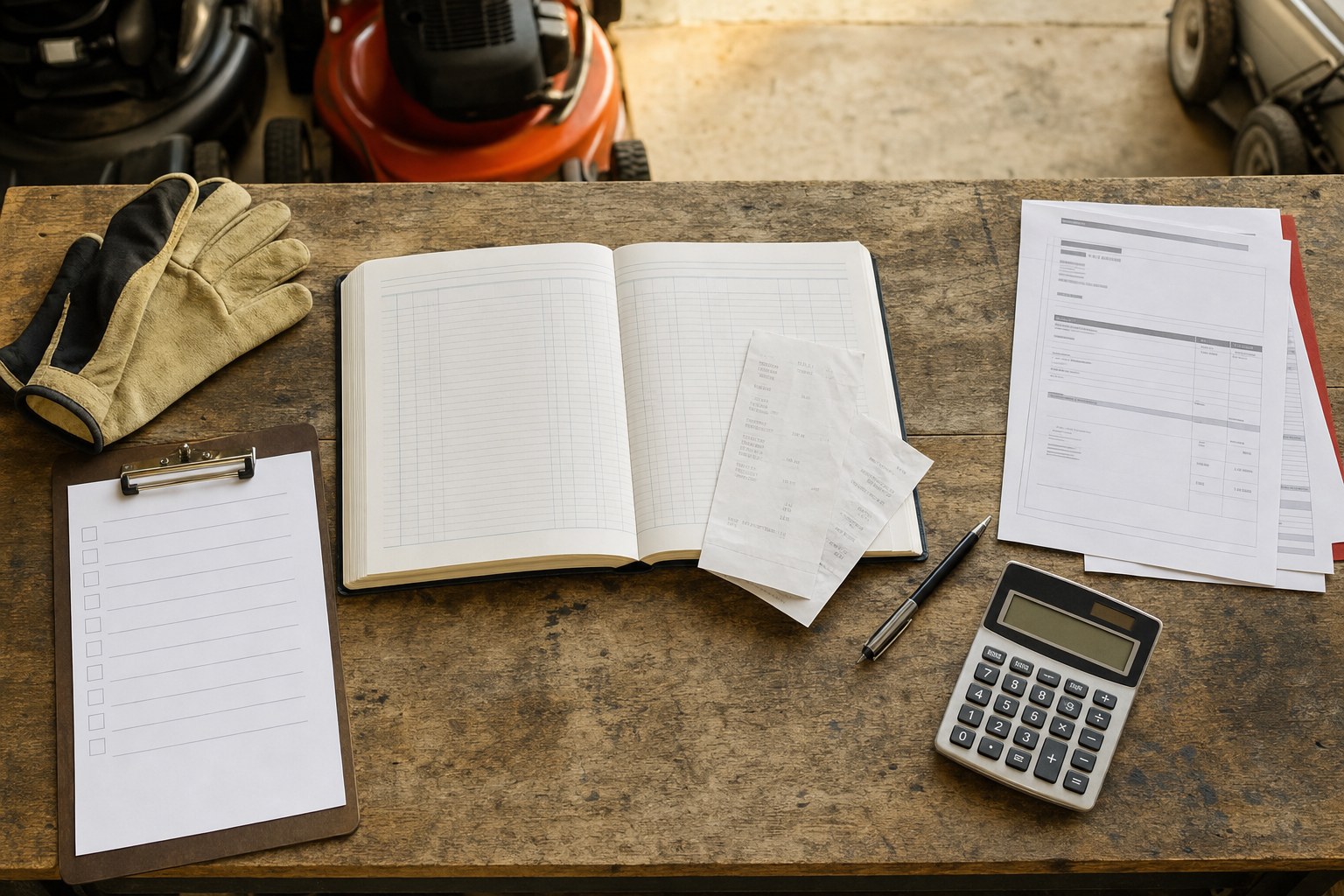 Lawn care records, calculator, work gloves, and a blank checklist arranged on a workshop table