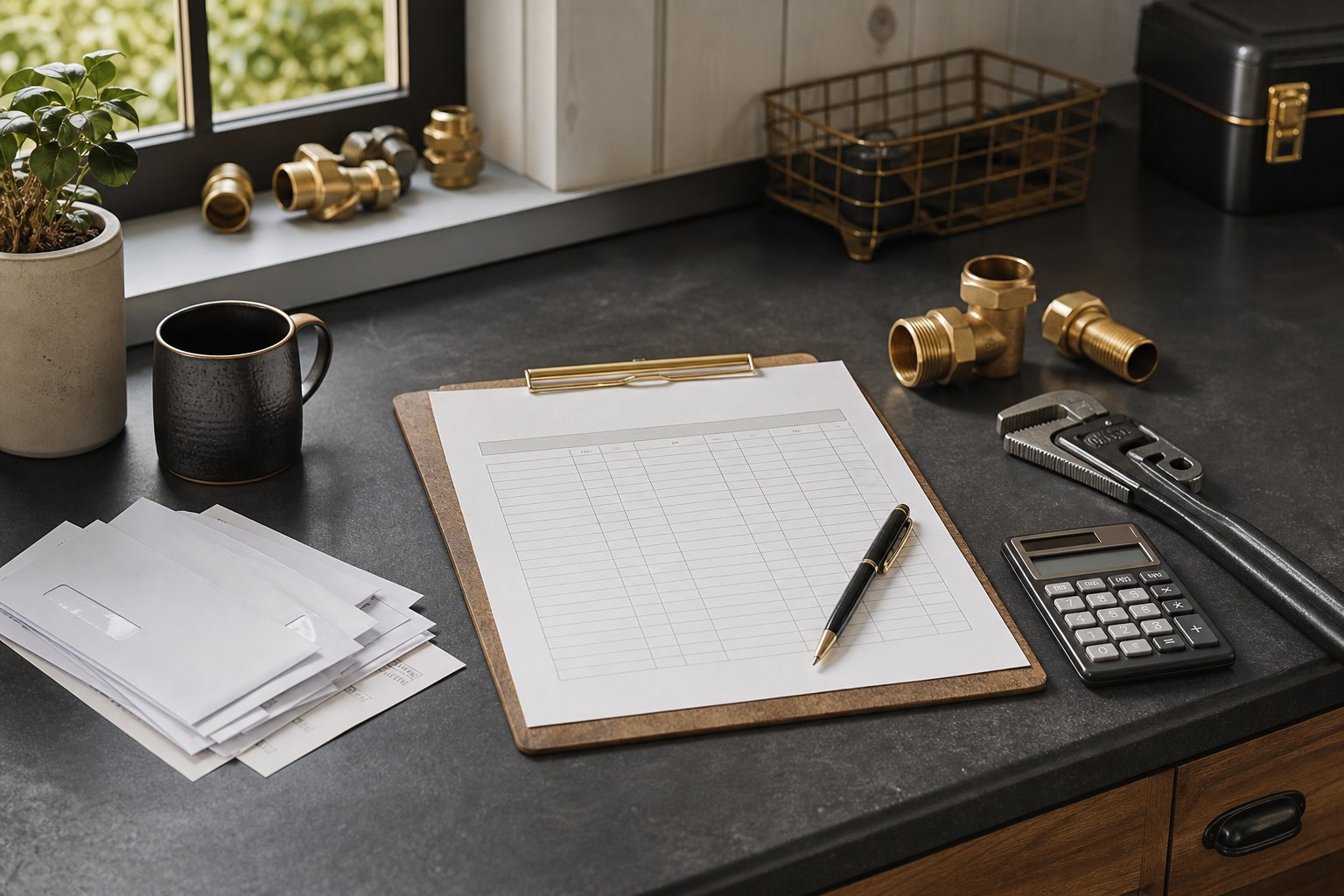 Monthly bookkeeping checklist, calculator, invoices, and plumbing tools arranged on a workbench