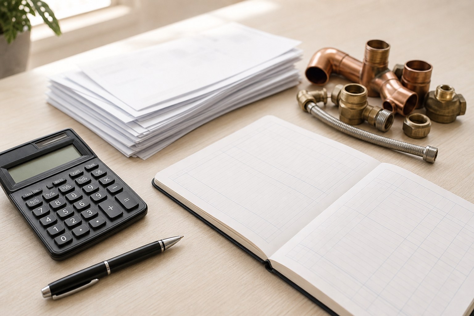 Invoices, a ledger, calculator, and plumbing fittings organized for a monthly review