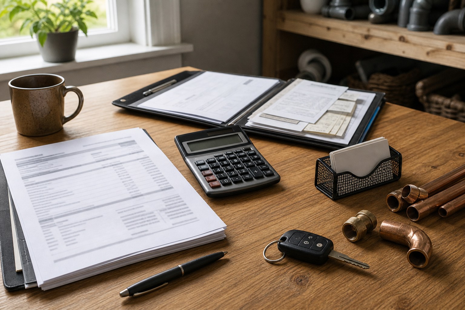 Bank statement, receipts, calculator, service-van key, and plumbing fittings on a desk