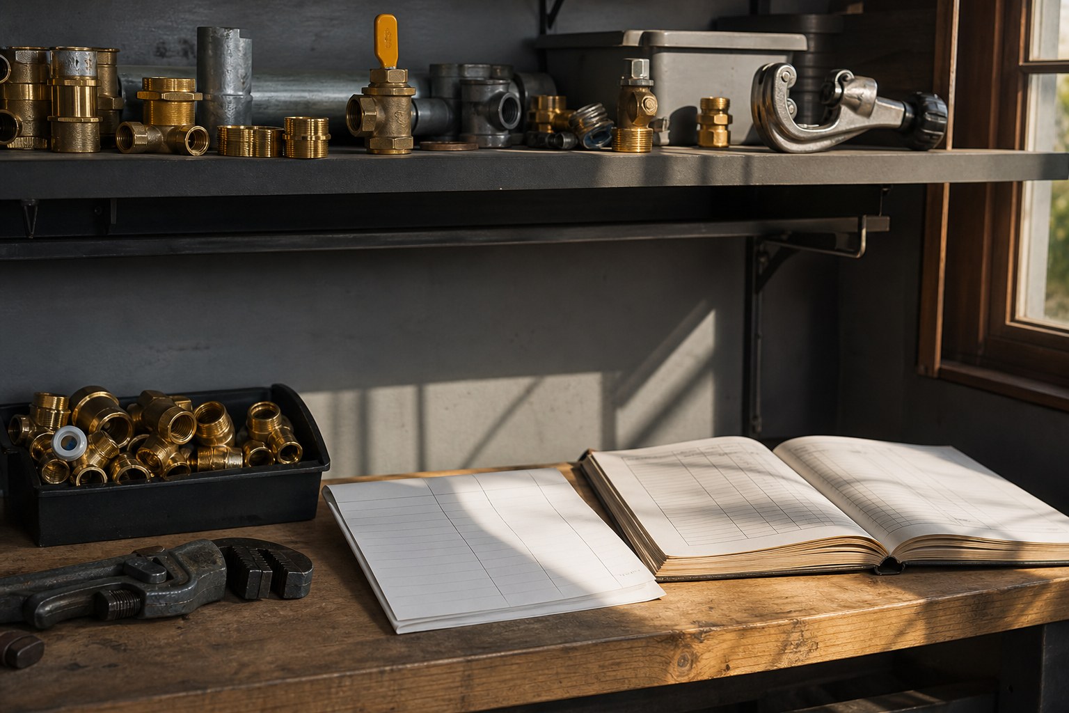 Plumbing tools and financial records on a workbench