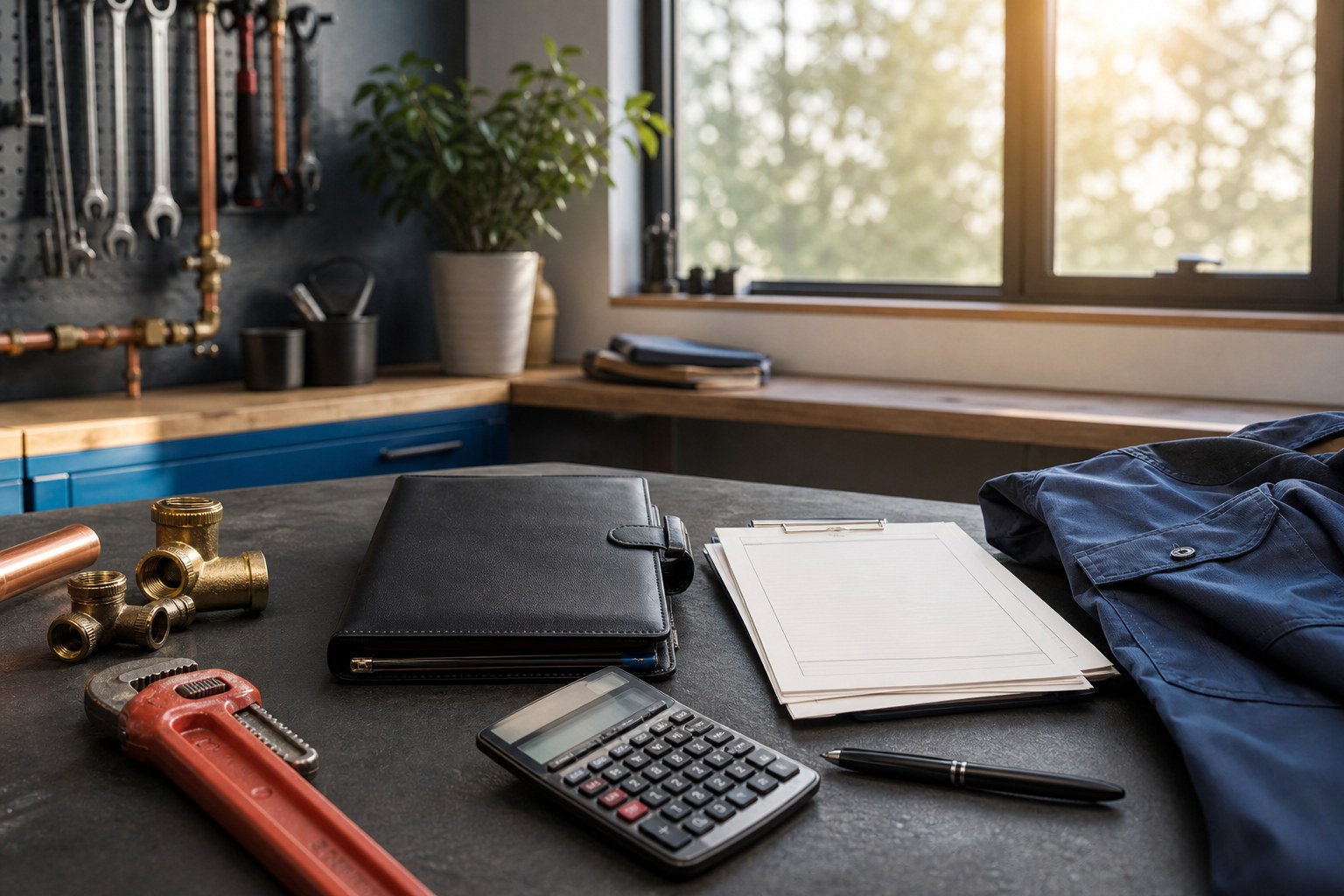 Ledger, calculator, plumbing tools, and blank invoices on a workbench