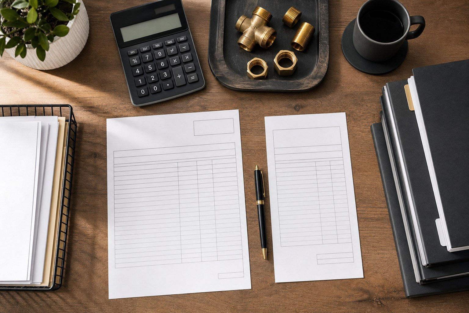 Blank invoice, supplier receipt, calculator, and plumbing parts arranged for a weekly financial review