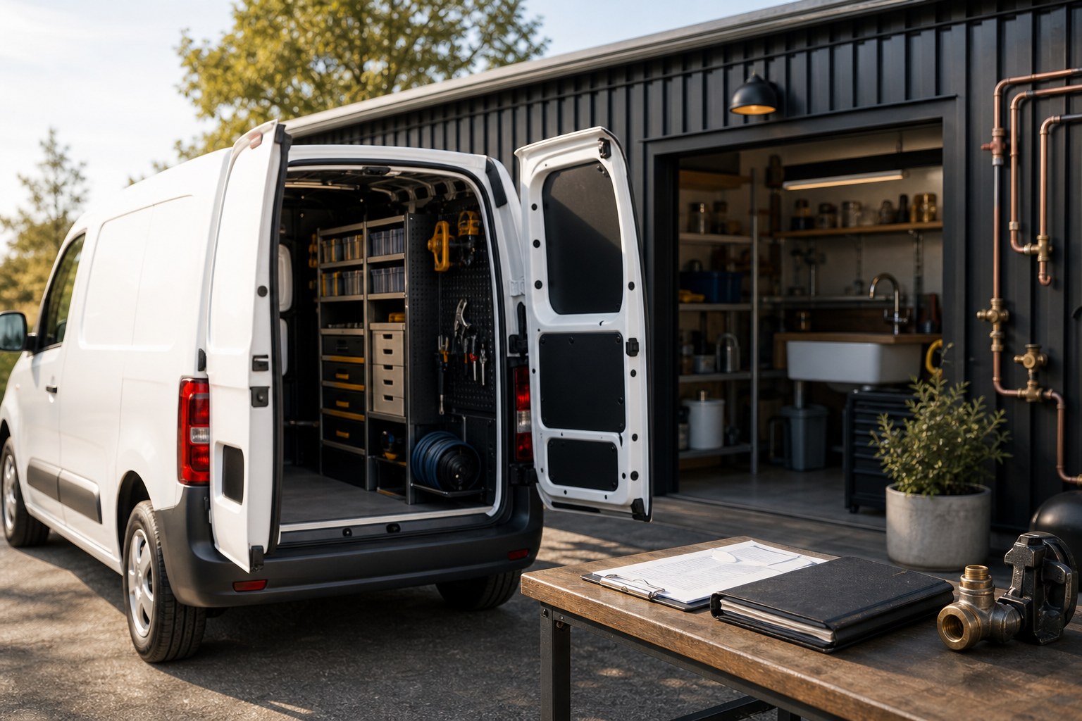 Plumbing service van with organized tool storage and maintenance records